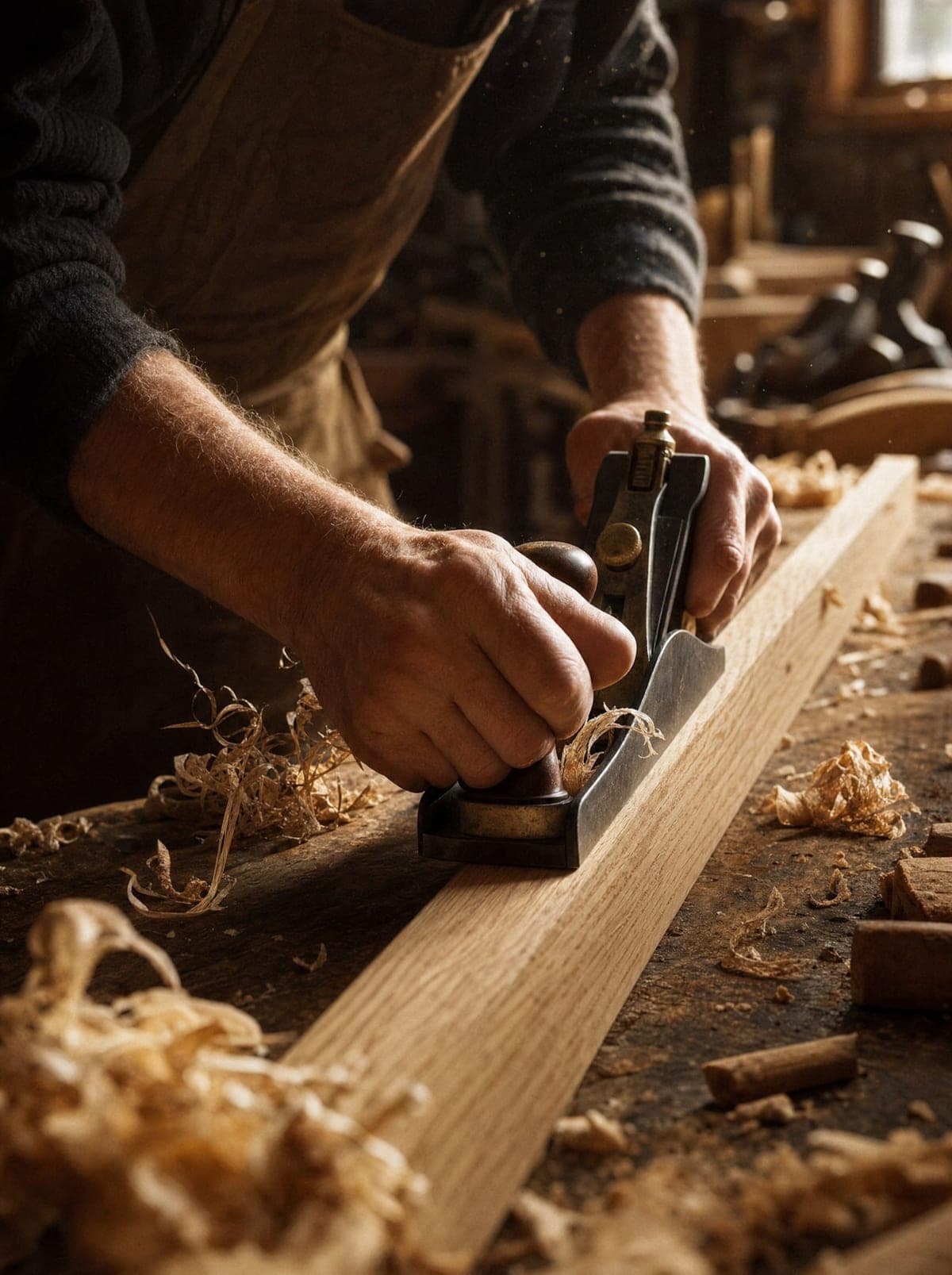 A woodworker hand-planing a white-oak board in the Northcraft workshop