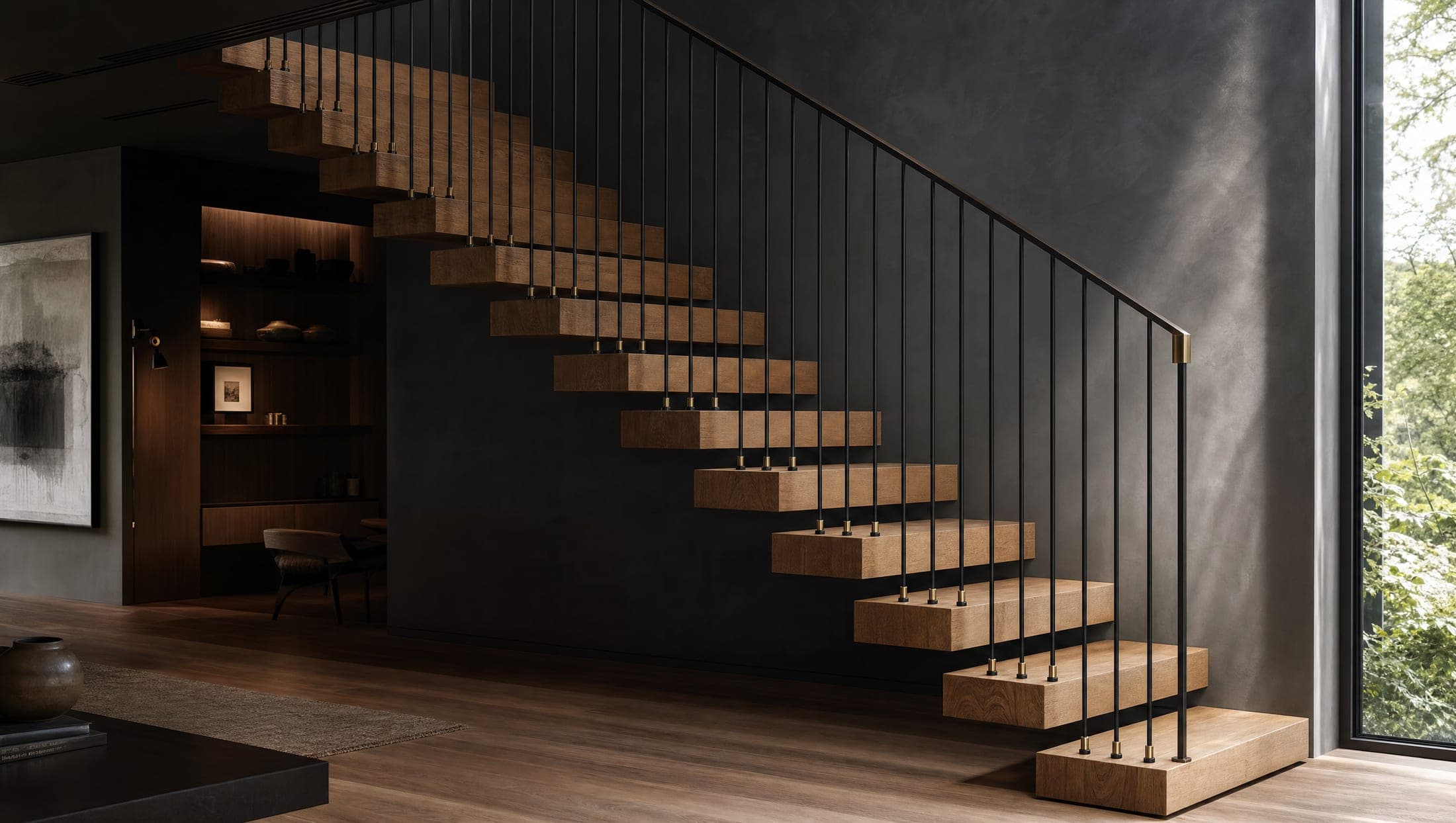 A floating white-oak staircase cantilevered from a charcoal wall in a Montreal home
