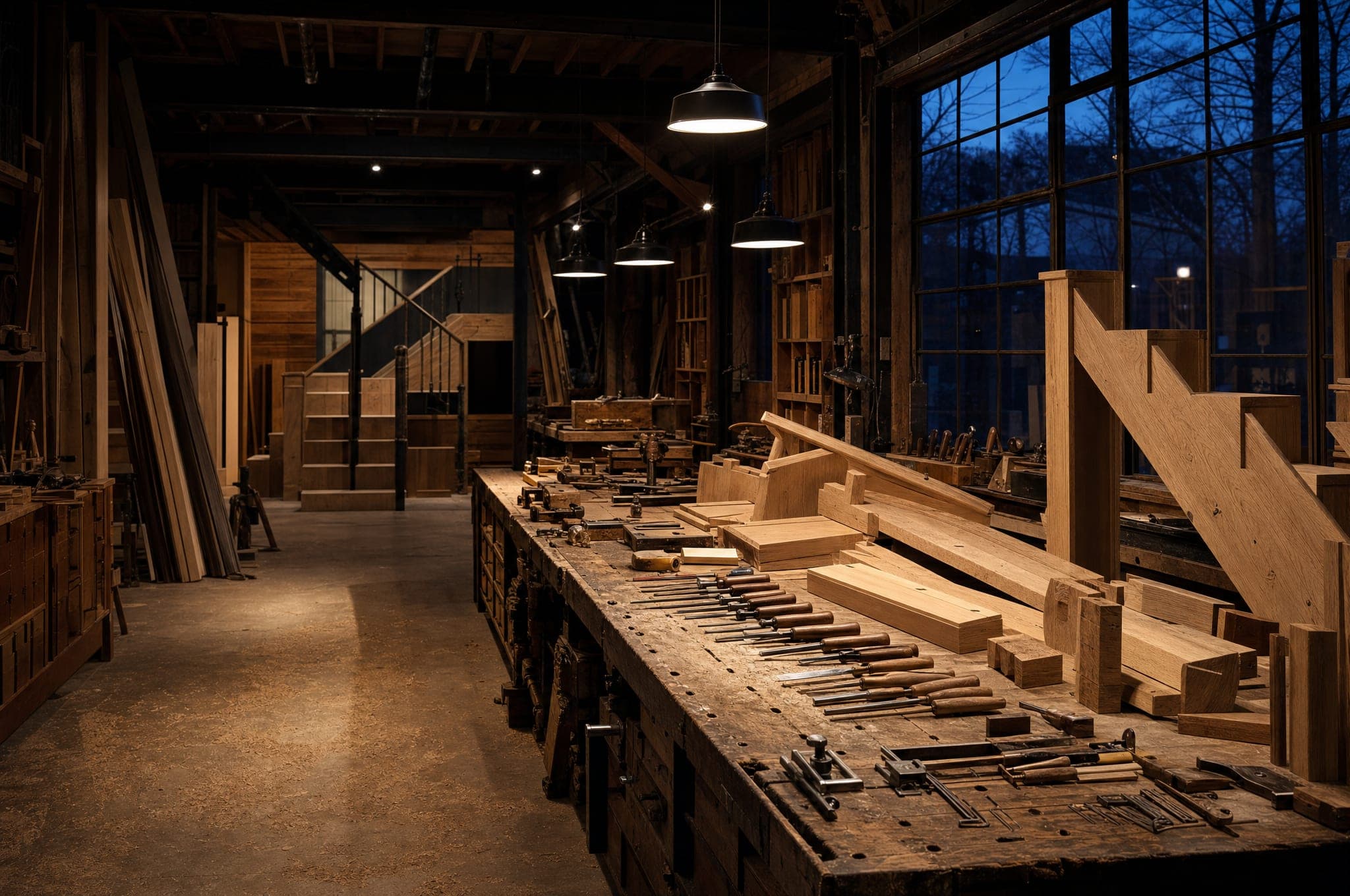 The Northcraft joinery workshop at dusk, with staircase components on the bench